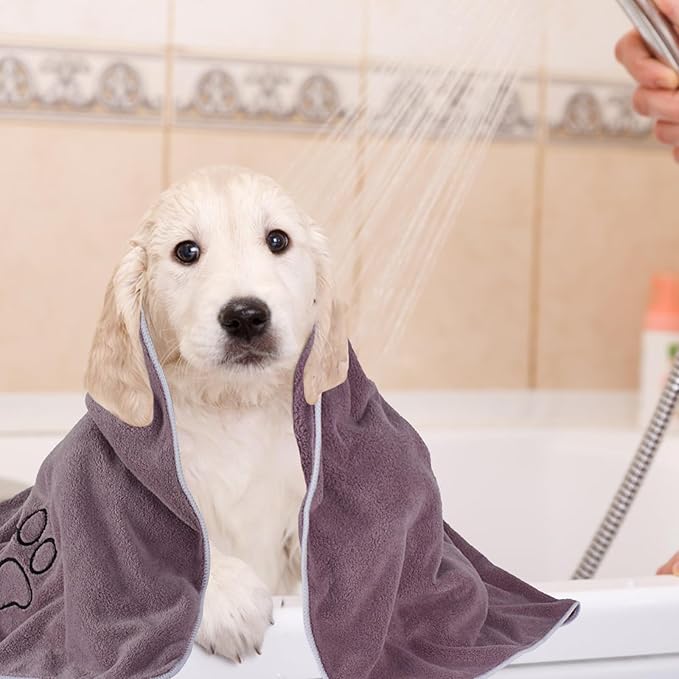 KinHwa Dog Towels Super Absorbent Microfiber for Small, Medium Dog Drying Towel for Drying Dogs Soft Pet Bath Towels and Cats with Embroidered Paw Pure+Grey 20inchx36inch