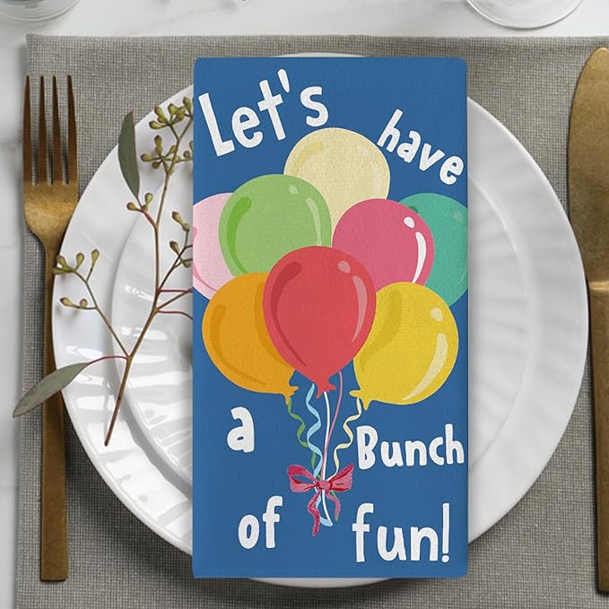 Funny Birthday Cake It Easy Kitchen Dish Towels Set of 2, Let's Have a Bunch of Fun Colorful Balloon Drying Hand Towel Baking Cooking Cloth, Celebration Party Bathroom Home Decoration 18''x26''