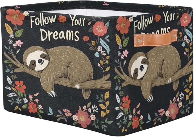 SEULIFE Quote Animal Sloth Flower Tree Foldable Storage Basket, Large Collapsible Organizer Storage Bin Cube Toys Storage Boxes with Handles for Bathroom Kids Nursery Closet Storage, 1 Pack