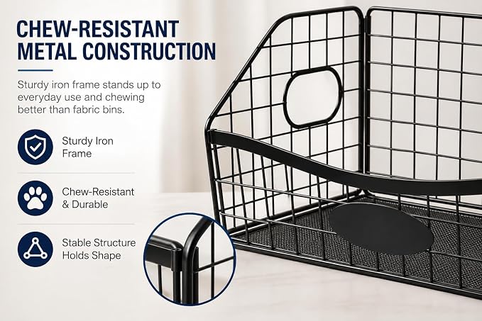 Metal Dog Toy Basket, Chew-Resistant Dog Toy Bin with Handles, Black | Sturdy Metal Storage with Easy-Access Design for Dogs, 16.7 x 10.9 x 8.8 in