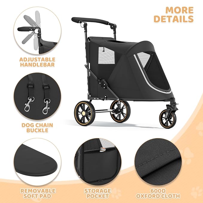 Magshion Pet Stroller for Medium Large Dog, 3-Wheel Foldable Jogger, Black | All-Terrain with Adjustable Handle, Dual Entry, Rear Storage, Breathable Mesh, One-Foot Brake, Up to 55 lbs