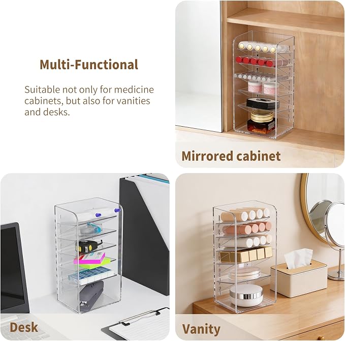 PAVSTINE Medicine Cabinet Organizer with Adjustable Dividers, Clear Vertical Layered Backward Slanting Shelves for Pressed Powder/Lip Gloss/Mascara Storage (5-Tier Gentle Slant)