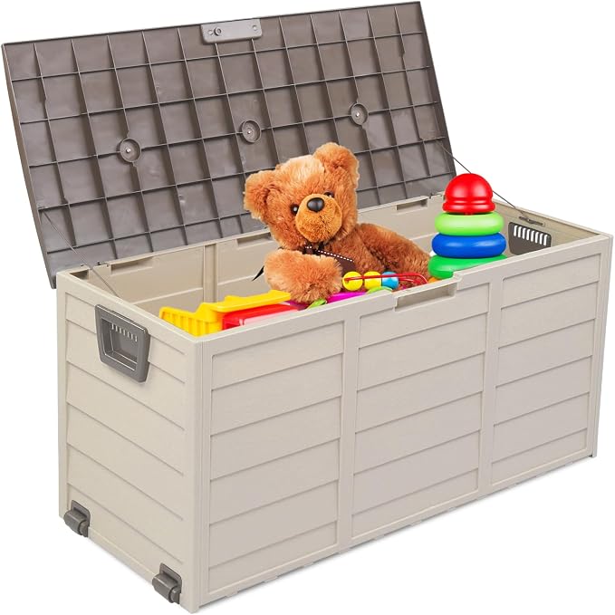 75 Gallon Brown Outdoor Storage Box with Wheels, Waterproof Resin Deck Box for Patio Cushions & Garden Tools, Rolling Garden Storage Bin, Weather Resistant Trunk