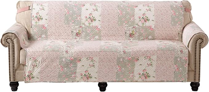 Brilliant Sunshine Soft Pink Roses & Sages Loveseat Cover, 54" seat | Quilted Sofa Cover, Living Room & Bedroom Furniture Protector, Large Washable Love Seat Slipcover for Pets, Dogs & Cats