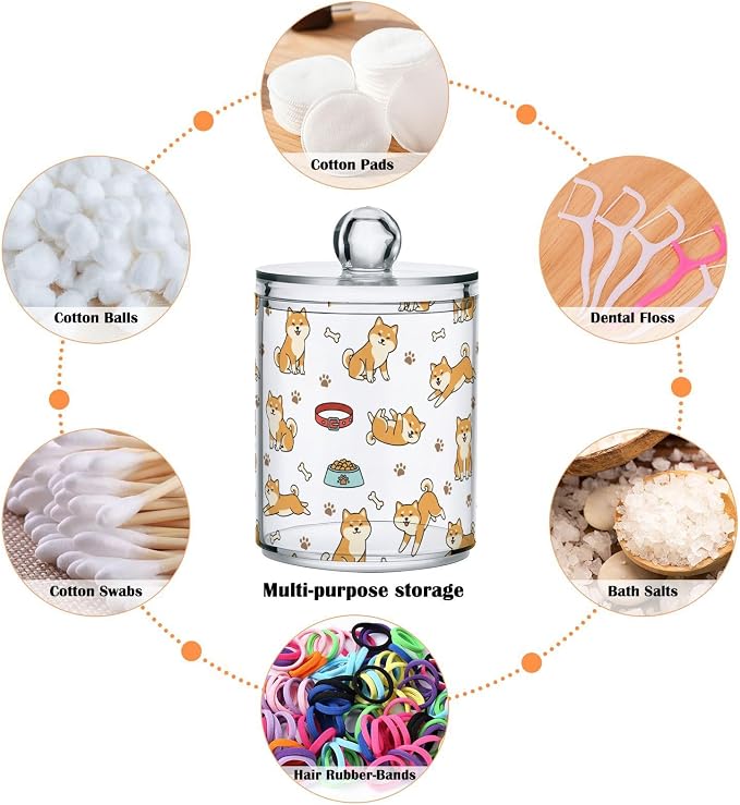DOMIKING 2 Pack Plastic Cotton Swab Ball Pad Holder Cute Pets Dog White Print Jars Bathroom Storage Organizer Holder Canisters with Lid for Floss Picks Bath Salts Hair Accessories