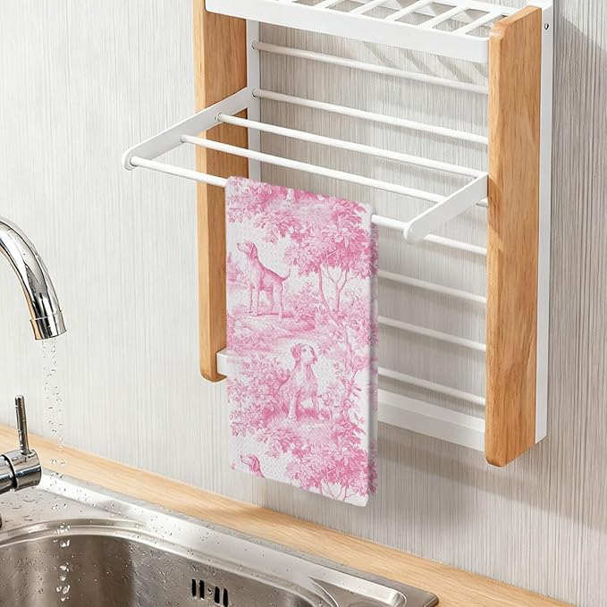 Pink Beagle Kitchen Dish Towels,Pink and White Floral Dog Towel Dish Tea Towels, Chinoiserie Decor for Kitchen Bathroom,Beagle Gifts for Dog Lover Mom Dad,16x24 Inch
