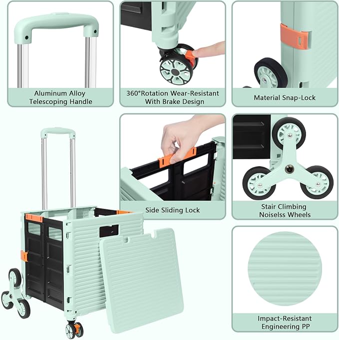 FELICON SELORSS Folding Utility Climber Cart Portable Rolling Crate-Green | Stair Climbing Wheels+360°Swivel Wheels,Telescoping Handle,Plastic Box Dolly for Travel Shop Move Laundry Office Teacher Use