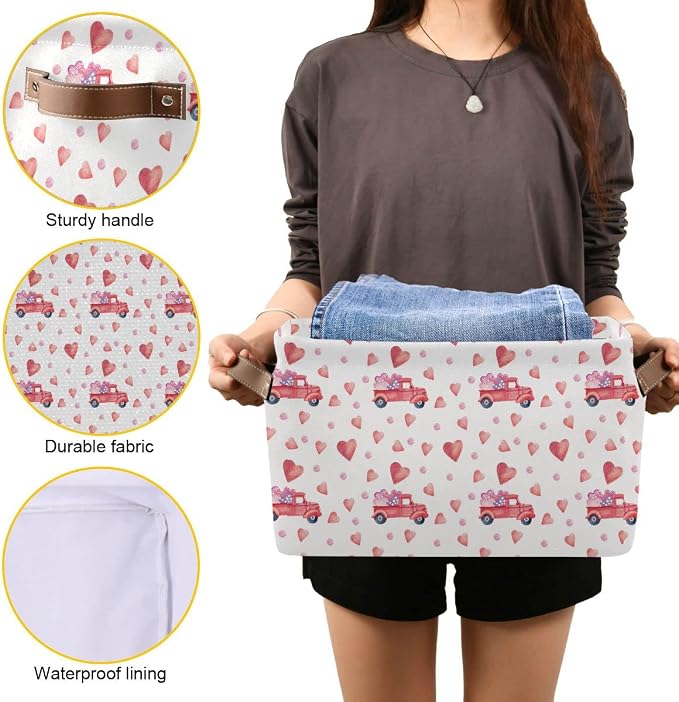 Happy Valentine's Day Storage Basket Fabric Laundry Baskets Love Heart Pickup Truck Car Storage Boxes Organizer Bag for Baby Cloth Dog Toy Book Storage Cubes Shelf Closet Bins 16×12×8 Inches