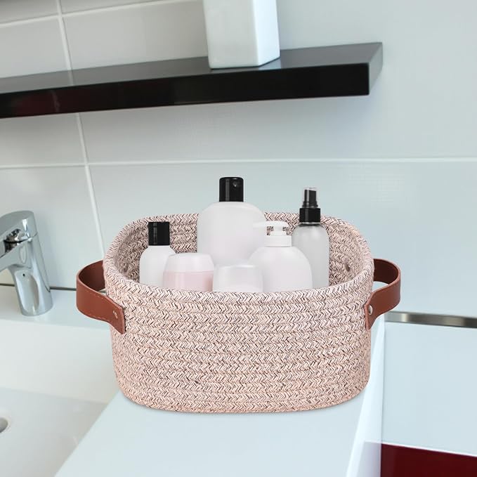 ABenkle Small Storage Basket, Mini Baskets with Handle, Cute Cotton Woven Baskets for Shelves, Boho Decorative Toy Storage Bin for Nursery, Spa, Empty Gift Basket - XS, Mixed Brown