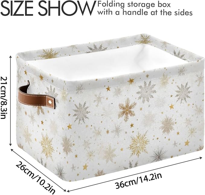 Winter Snowflake White Storage Basket with Waterproof Liner and PU Handles Golden Christmas Holiday Xmas Storage Boxes 14.2" Collapsible Decorative Organizer Baskets for Bedroom Closet Office 1 Pack