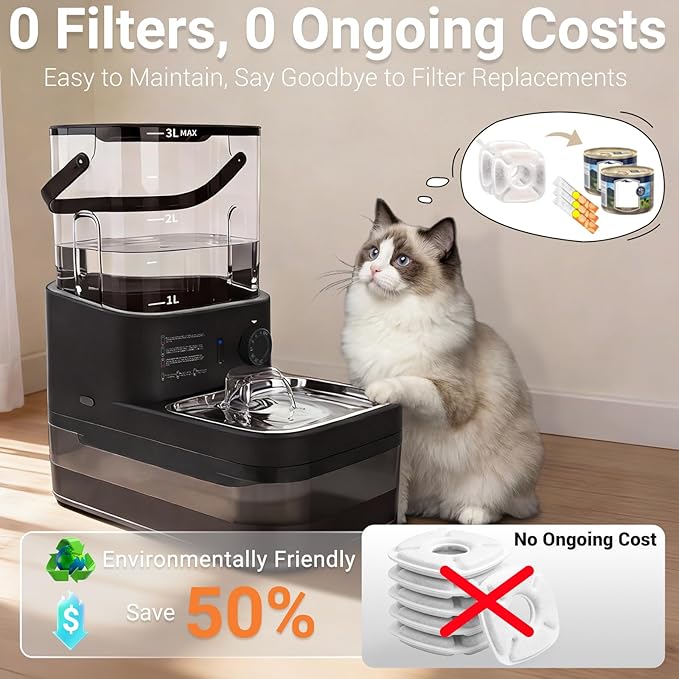 Filterless Cat Water Fountain 3L, Wireless Motion Sensor Cat Water Fountain with 4000mAh Battery, Stainless Steel Cat Bowls, Water Fountain Separate Tanks, Quiet – Black