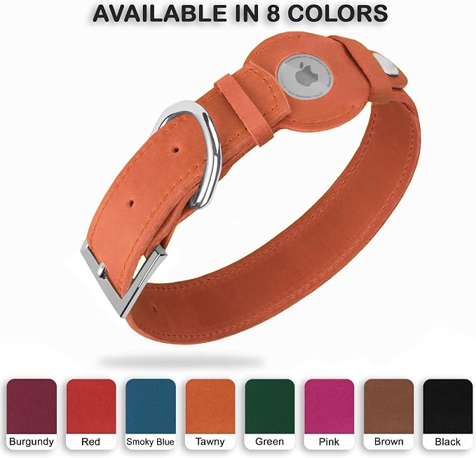 Leather Dog Collar with Airtag Holder - Apple Air Tag Dog Collars - Soft Tracking GPS Pet Collar for Small Medium Large Dogs Breed Puppy (Tawny, L, 15"-19" Neck Fit)