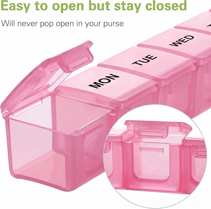 BUG HULL Weekly Pill Organizer Large 2 Packs, Extra Large Travel Pill Organizers, Pill Box 7 Day, Travel Pill Case, Medicine Pill Organizer for Medications (Lavender+ Pink)