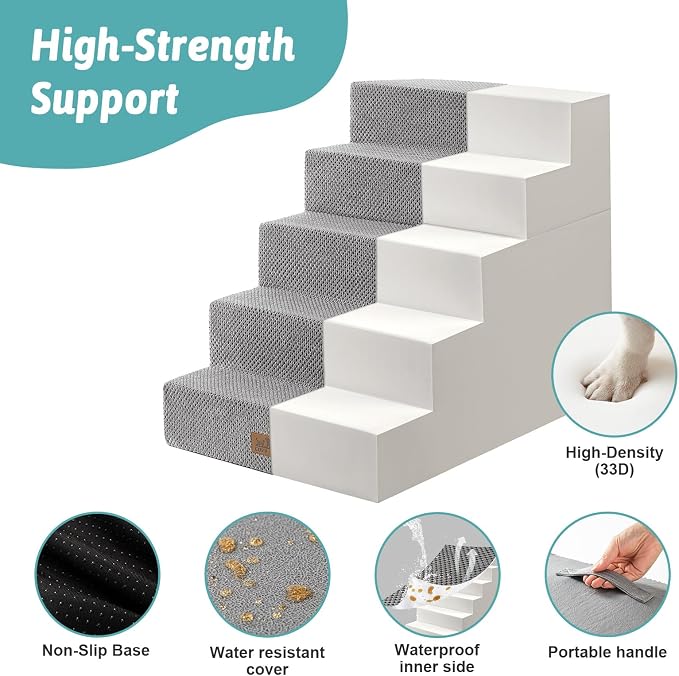 COZY KISS Dog Stairs for Small Dogs, 5 Step Pet Stairs for Beds & Couches | 23.6" Extra Wide Non-Slip Dog Steps with Removable Tiers & Support Board for Puppies, Older Cats & Dogs, Grey