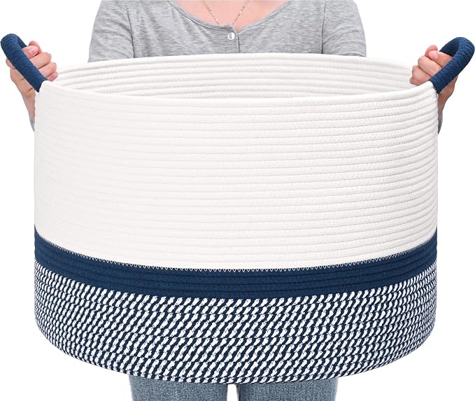 67L Large Blanket Basket, 20"x13" Blanket Basket Living Room, Woven Baskets With Handle, Toy Baskets for Blankets, Nursery, Dog, Pillow, Gift (White & Navy Blue)