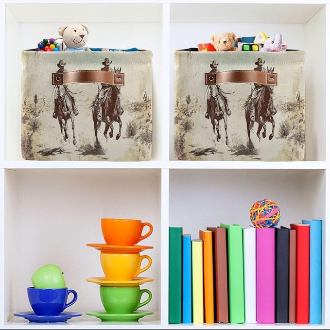 Horse Desert Cowboy Beige Rectangular Storage Bin Basket with Handles - Organizer Bins Laundry Storage Basket for Pets Room Books Closet