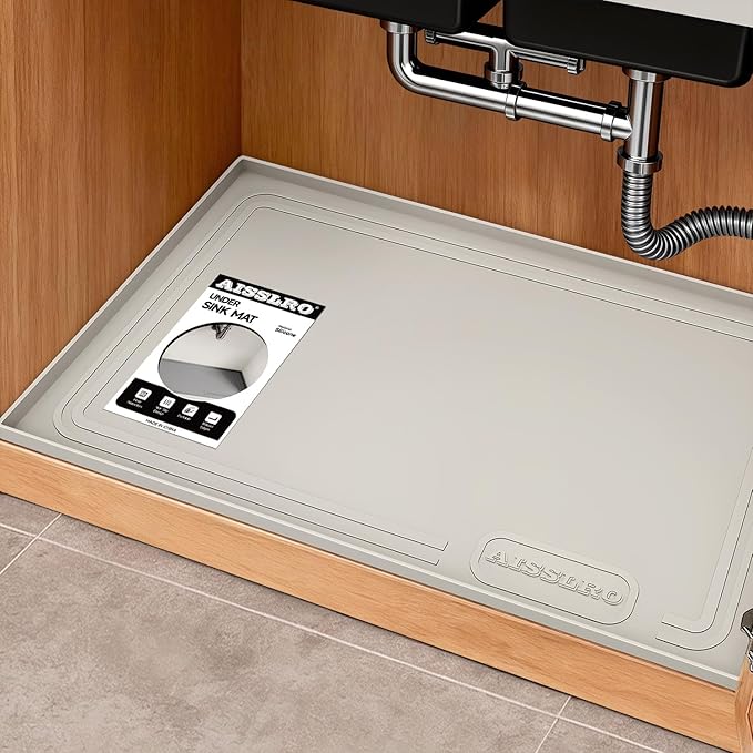 Under Sink Mat 22 X 19, Waterproof Silicone Cabinet Kitchen Liner, Beige | BPA-Free Raised-Edge Cabinet Protector & Leak Tray for Bathroom Cabinets, Boots, Pet Feeding Dog & Cat Mats, Dishwasher Safe