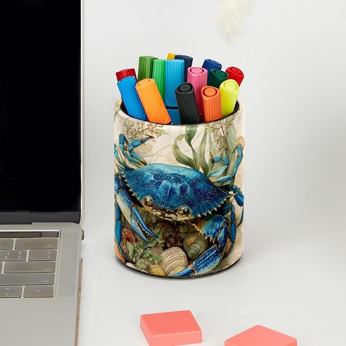 Faux Leather Pen Holder for Desk, Pencil Organizer Blue Crab Pen Cup Desk Decor Makeup Brush Holder Storage for Office Home