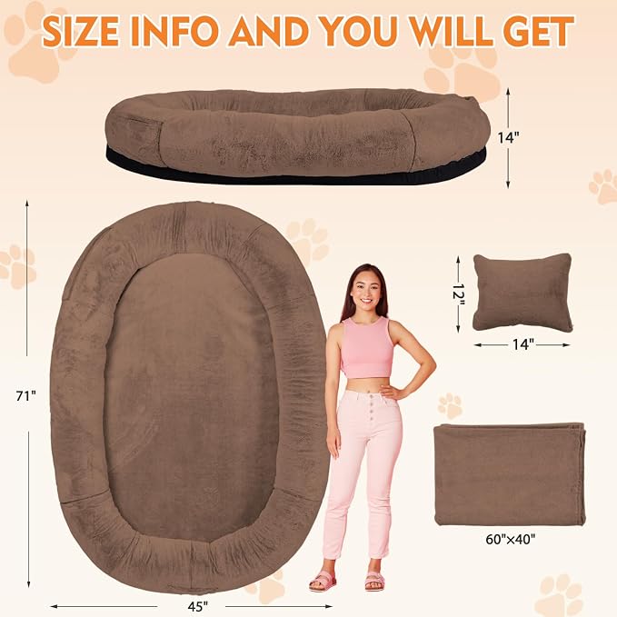 Human Dog Bed,71"x45"x14" Human Size Giant Dog Bed for Adults and Pets,Washable Faux Fur Cover Napping Orthopedic Bean Bag Bed for Humans with Blanket and Pillow,Coffee