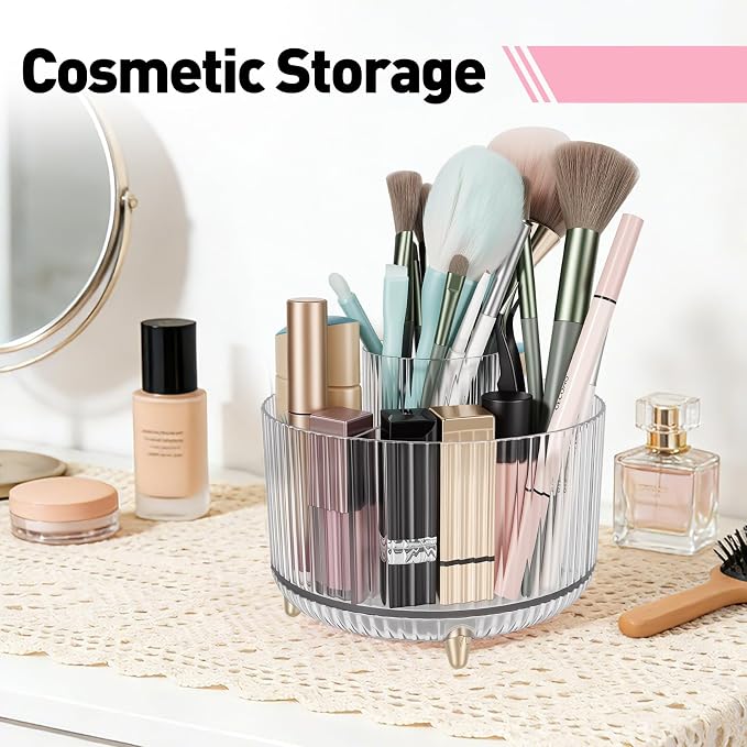 360 Rotating Pen Pencil Holder for Desk, Pen Organizer with 5 Slots | Makeup Brush Holder, Desk Organizer and Accessories, Cute Pencil Cup Caddy for Office School Home Decor Art Supply (Clear)