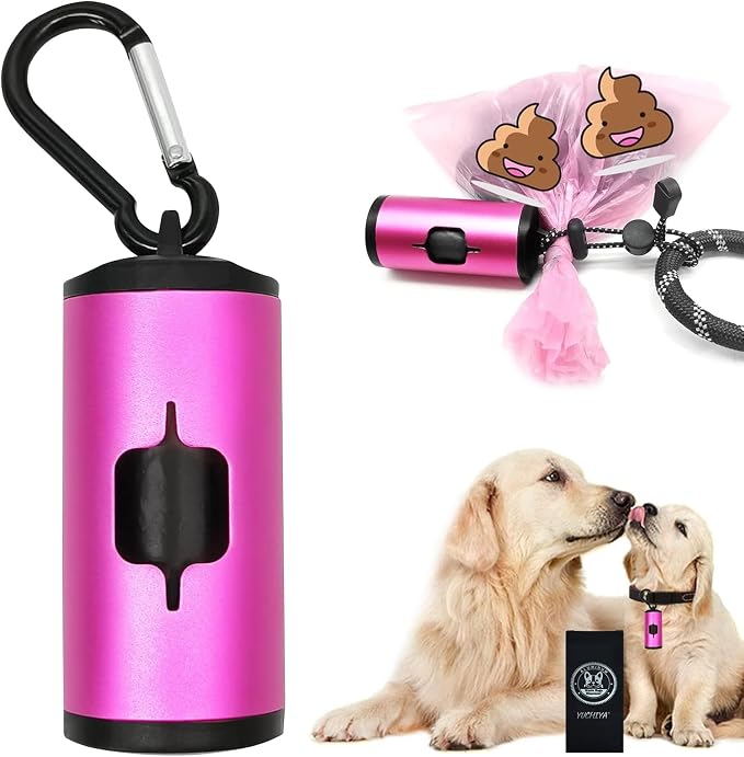 YUCHIYA Aluminum Dog Poop Bags Holder with Carabiner Metal Pet Waste Bags Dispenser with Hook and Loop Fastener and Elastic Cord to Carry Used Bags (Pink, 1 Holder 15 Bags)