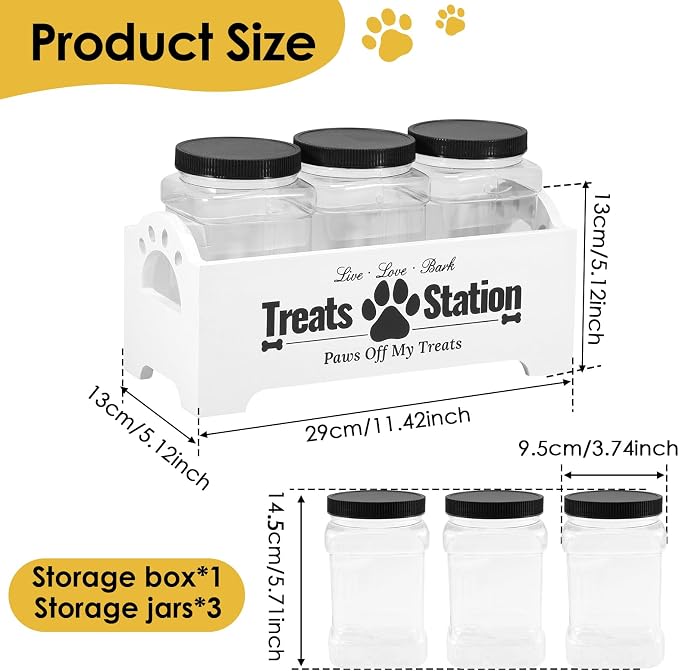 Dog Treat Container With 3 Plastic Cat Food Jars, Farmhouse Pet Storage Organizer for Dogs and Cats (White)