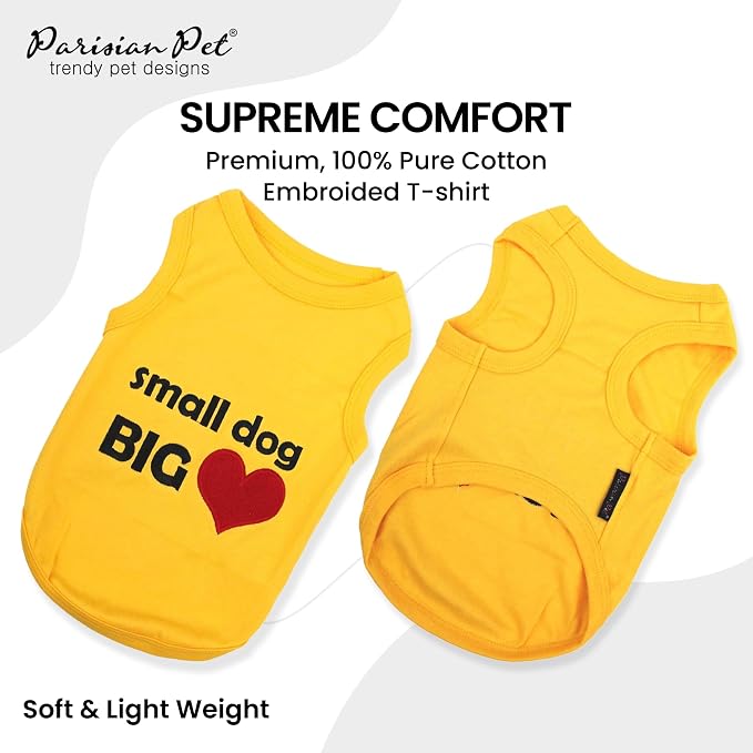 Parisian Pet Dog Shirt – 100% Cotton Small Dog Big Heart Shirts for Medium Dogs – Yellow Sleeveless Puppy Clothes – Breathable Dog Clothes – Summer Pet Apparel - Stretchable Tshirts for Dogs