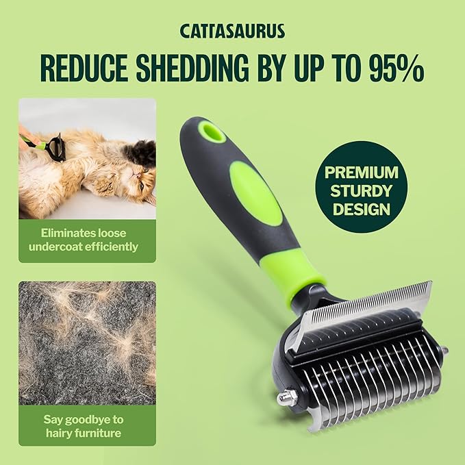 CATTASAURUS Cats & Dogs Grooming Brush for Shedding - 2 in 1 Deshedding Tool and Undercoat Rake for Long and Short Haired Dogs with Double Coat - Dematting Comb and Pet Hair Deshedder Supplies