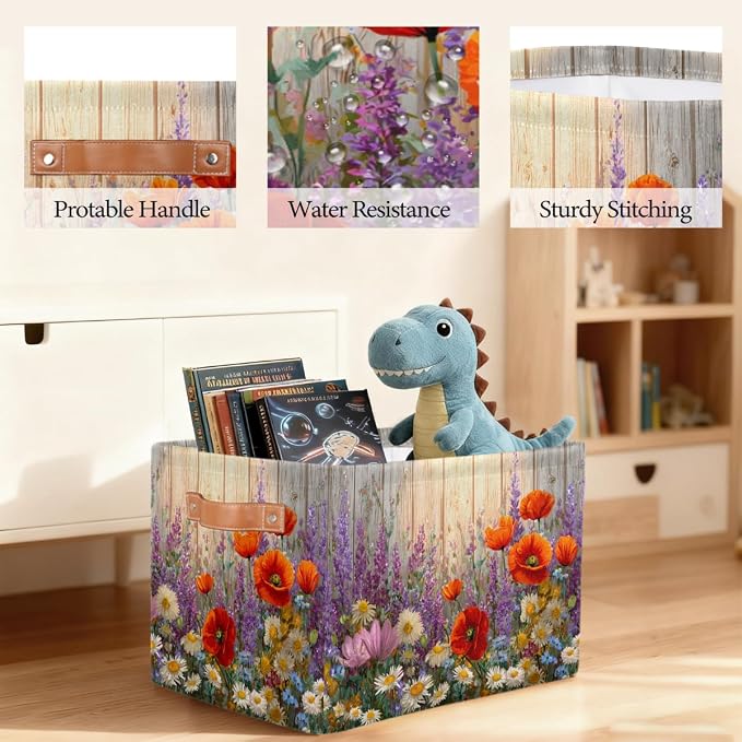 Pardick Storage Baskets Bin, Spring Flower Wood Collapsible Canvas Fabric Storage Bin Decorative Baskets Toy Organizer Rectangle Storage Boxes with handles for Home Shelves Nursery,A-3