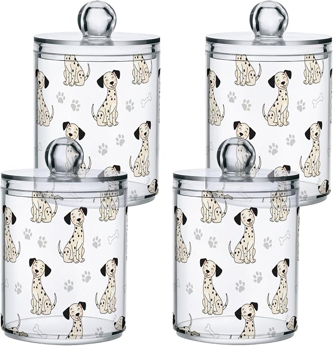 DOMIKING 2 Pack Plastic Cotton Swab Ball Pad Holder Cute Dogs White Pets Print Jars Bathroom Storage Organizer Bathroom Jars with Lid for Cotton Rounds Floss Picks Hair Accessories