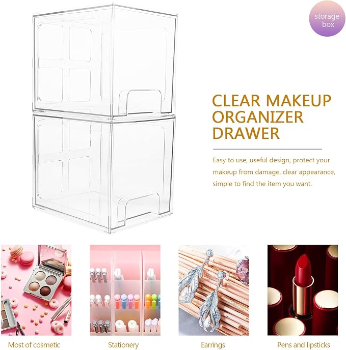 Uonlytech Makeup Organizer Box Pet Desktop Makeup Storage Container with Drawers 2 Pcs Large Capacity Stylish and Simple Design to Protect and Organize Cosmetics for Home Use