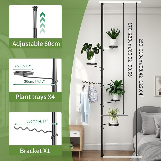 BAOYOUNI 5 Tier Plant Pole Stand Adjustable Tension Rod Flower Rack Black | Spring Loaded Flower Display Rack Storage Shelf Organizer for Indoor Plants, Closet, Kitchen, Bathroom - No Tools Required