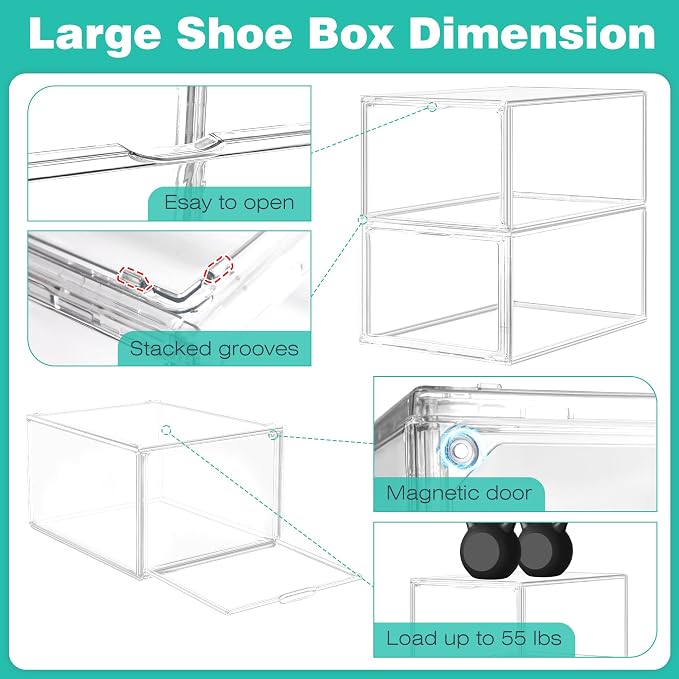 12 Pack Drop-Front Clear Acrylic Shoe Organizer, Fits Shoe Box Size 13 | Stackable Shoe Tower with Magnetic Door Large Storage Bins for Sneaker Containers Display & Closet Organization