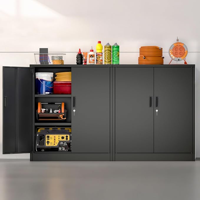 Wanfu Metal Storage Cabinet, 36" H Locking Storage Cabinet with 2 Adjustable Shelves, Metal Cabinets for Garage, Home, Office, Utility Room-Black