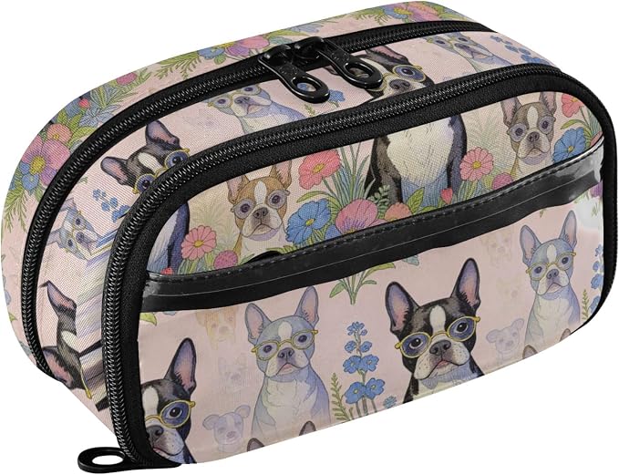 JUNZAN PVC Pencil Bag Boston Terrier Cute Dog Pet | Tear Resistant Elastic Pen Slots Office Organizer Multi-compartment