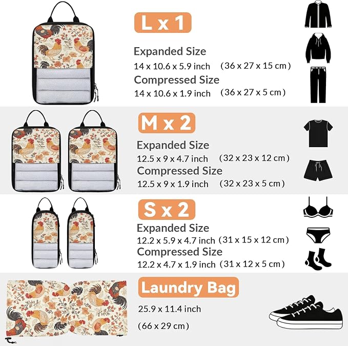 Farmhouse Chicken 6 Set Compression Packing Cubes | Flower Rooster Travel Accessories Expandable Packing Organizers Space Saver Bags for Organizing Clothes