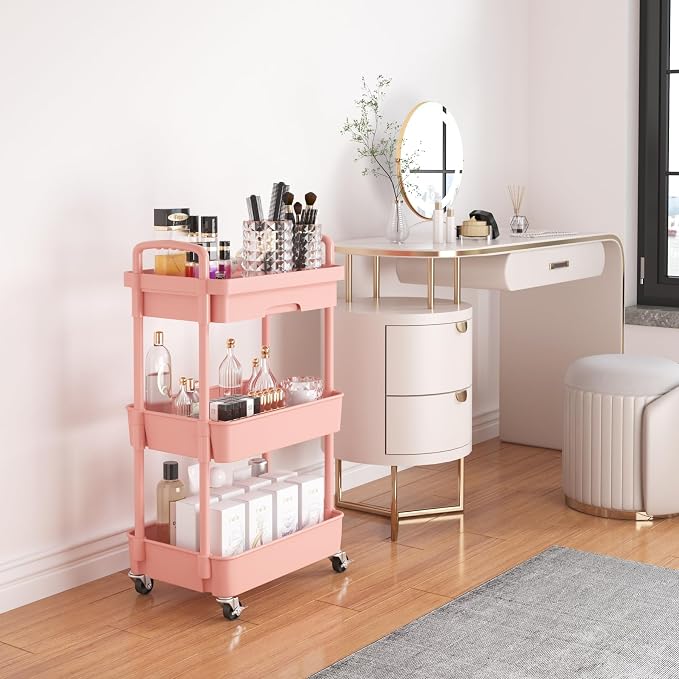 Calmootey 3-Tier Utility Cart with Drawer & Wheels, Storage for Home,Office | Space-Saving Organizer, Sturdy Plastic Shelves, Smooth-Rolling Metal Wheels, Built-in Drawer for Small Items, Pink