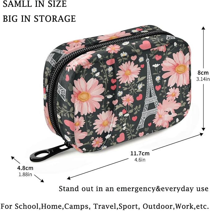 Fustylead Vintage Eiffel Tower Pink Hearts Daisy Flowers Travel Pill Organizer Bag with Zipper Small Pill Box 7 Day Pill Case for Purse Storage Weekly Vitamin Medicine Supplement