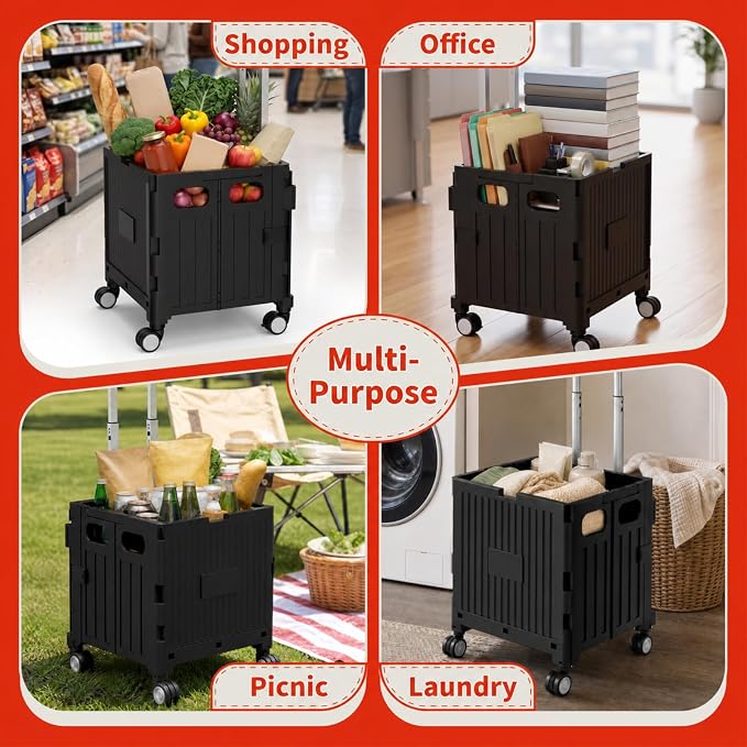 Foldable Shopping Cart with Wheels: Small Rolling Utility Crate | Adjustable Handle, All-Terrain Wheels, Multipurpose Grocery Trolley for Teacher, Market, Office, Luggage, Laundry, Garden