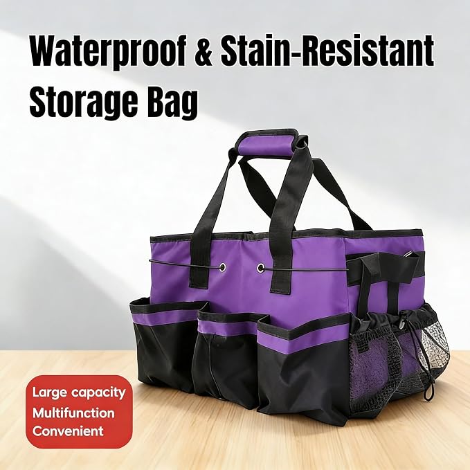 Tool Organizer Tote Bag, Pink and Black, Large Capacity with Adjustable Compartments, Portable Cleaning Storage Caddy, 14.96x10.63x9.06 Inches (Purple)