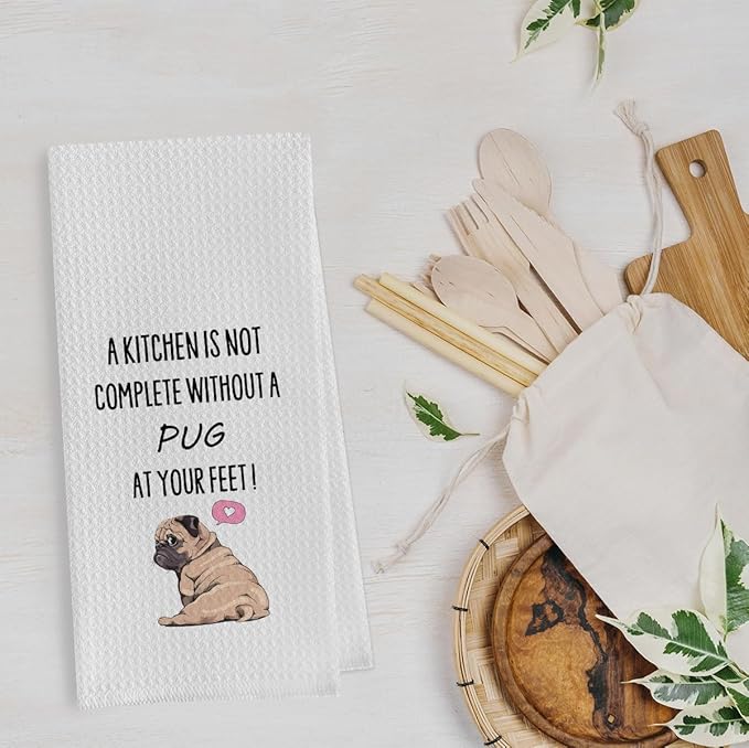 Funny Pug Dish Towels - Decorative Waffle Weave Kitchen Hand Towel, Tea Towel Gift for Pug Lovers (1624 Inches)