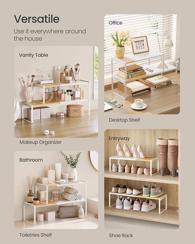 SONGMICS HOME Spice Rack, Expandable Cupboard Shelf Orgnizer,Bamboo | Kitchen Counter Shelves, Bamboo and Metal, Stackable, Natural Beige and Cream White, BYSTRO Collection UKCS051N01