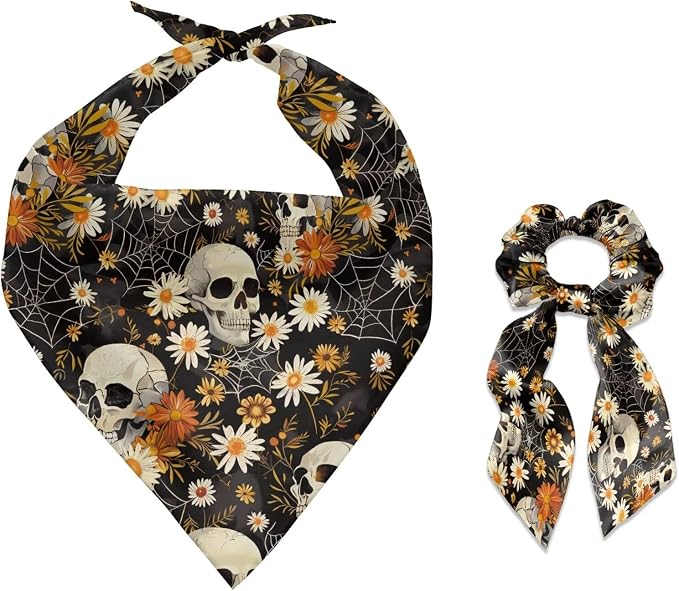 COEQINE Adult Costume with Pet Bandanas Large Dog Accessories Gothic Skull Beige Daisy Hair Tie Organizer Non Slip Fashion Christmas Birthday Party Cosplay
