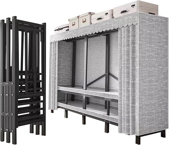 FPIGSHS Portable Wardrobe Closet Rack 1100lbs Heavy-Duty Foldable Garment Rack With Cover Freestanding Covered Clothes Organizer System enclosed Armoires For Hanging Clothes For Bedroom (49.2in)