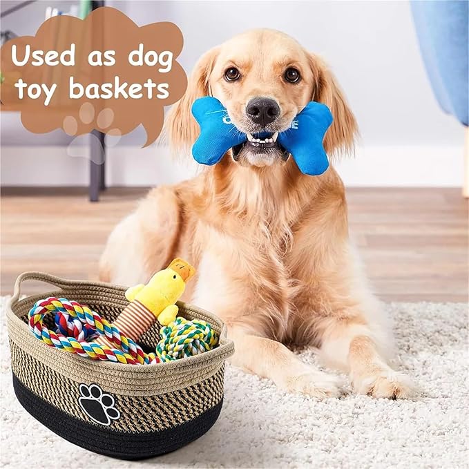 Pet Toy Storage Basket With Handle. Handmade Weaving With Dog Paw Prints for Toys(Black Beige)