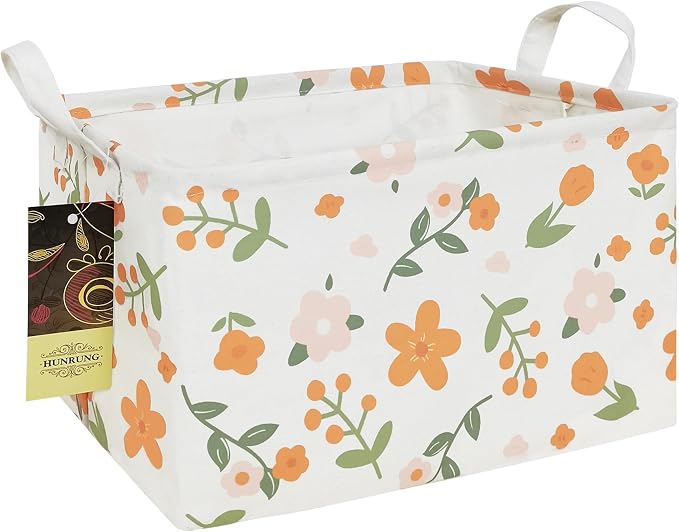 Rectangle Foldable Storage Basket Handles For Home, Orange Flower | Waterproof canvas material, reinforced handles, perfect for shelf use, organizes clothes, daily items and pet supplies