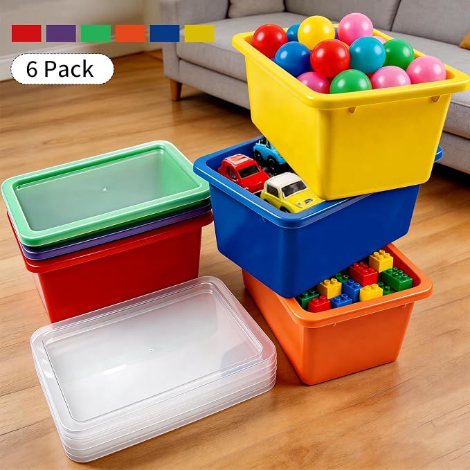 Nexboraque 6 Pack Colored Bins with Lids | 5 Qt Plastic Cubby Bins Storage Bins Stackable Toy Bins Organizer for Classroom, Home