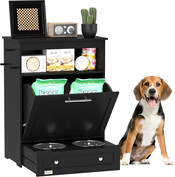 PawHut Dog Feeding Station with Raised Bowls, Pet Feeder Station, Black | Dog Food Storage Cabinet, Hanger for Feeding & Watering Supplies