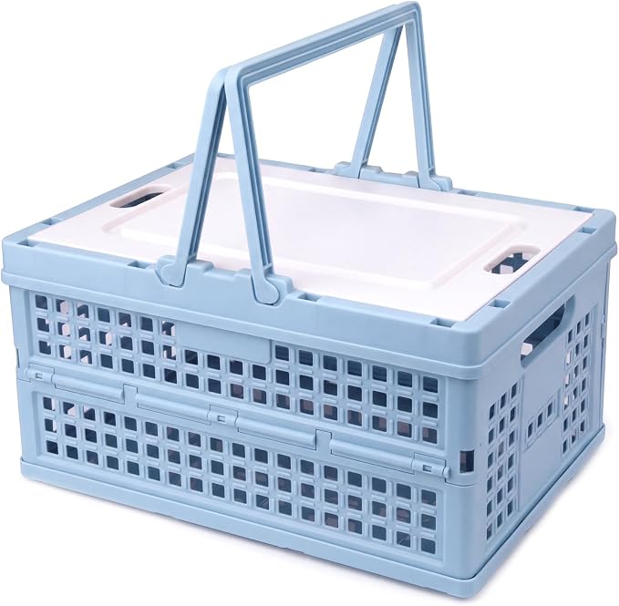 Collapsible Storage Crate, Foldable Plastic Basket with Lid and Handle, Foldable Storage Box Crate Bin for Home Kitchen Office Bathroom Bedroom Pantry (Blue-Hollow)