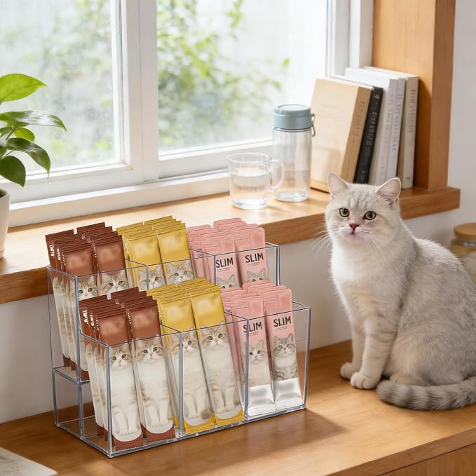 Lickable Cat Treats Organizer, Clear Acrylic Squeeze Up Storage Rack with 6 Compartments, Puree Tube Holder for Kitchen Pantry Cabinet Shelf Countertop